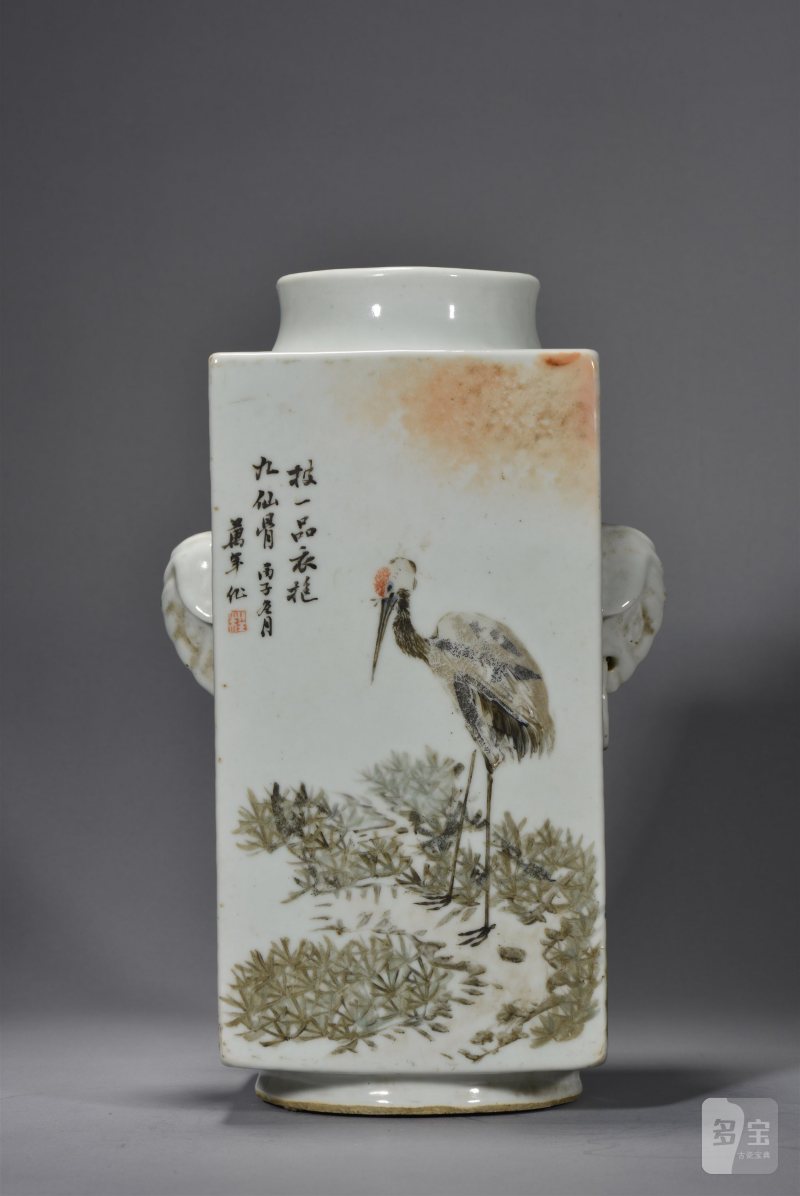 清光绪 程南山浅绛彩山水花鸟琮式瓶 - 图8